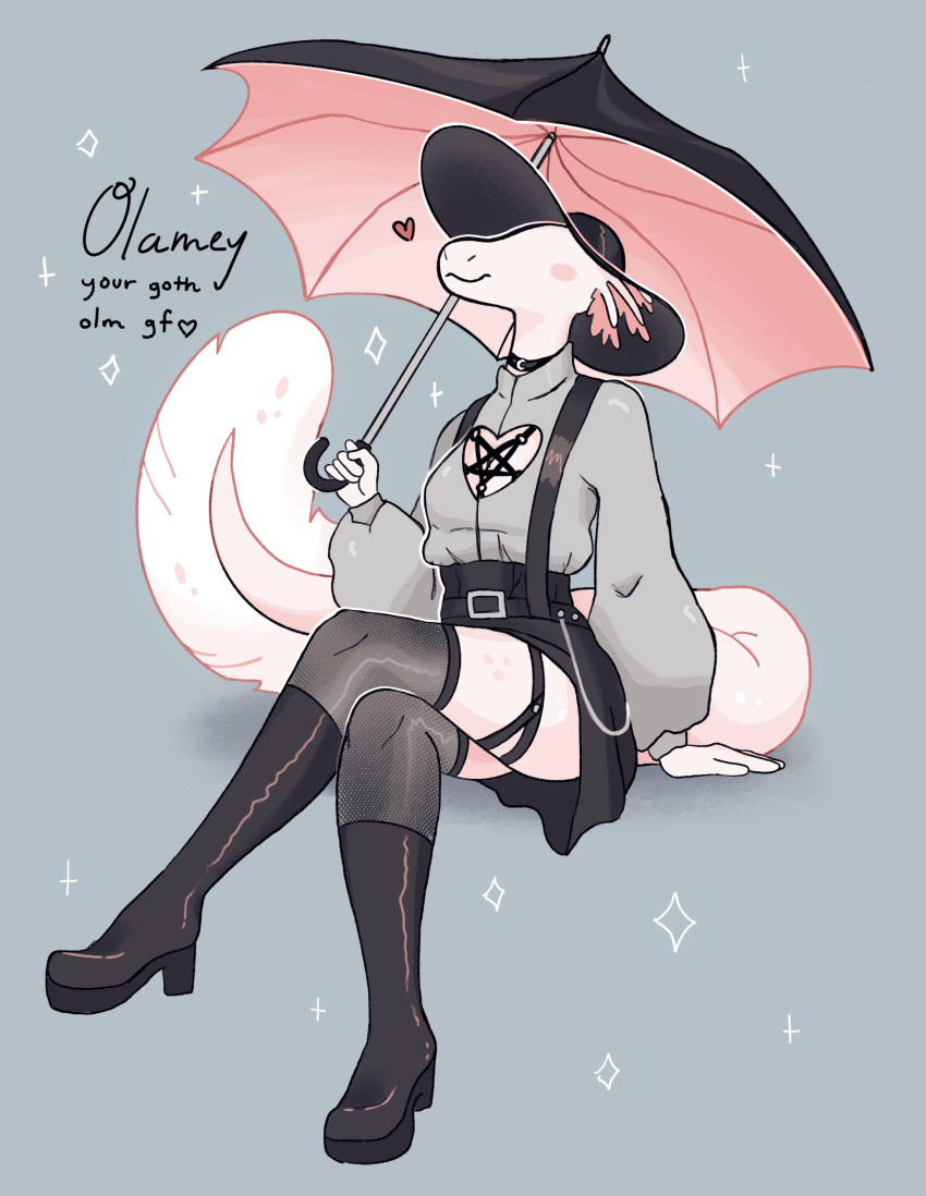 absurd_res amphibian anthro black_clothing blind bottomwear choker clothed clothing digital_media_(artwork) female fishnet froggiepaws goth harness hi_res jewelry necklace olamey olm pale_skin pastel salamander_(amphibian) simple_background skirt smile solo umbrella