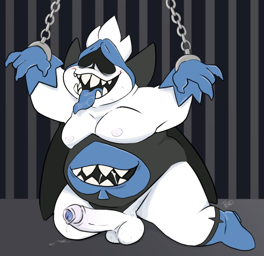 anthro balls bdsm belly bodily_fluids chain deltarune erection foreskin genital_fluids genitals hi_res king_spade male monster moobs nipples overweight pecs penis precum prison prisoner saliva solo stomach_mouth tbid tongue tongue_out undertale_(series) video_games