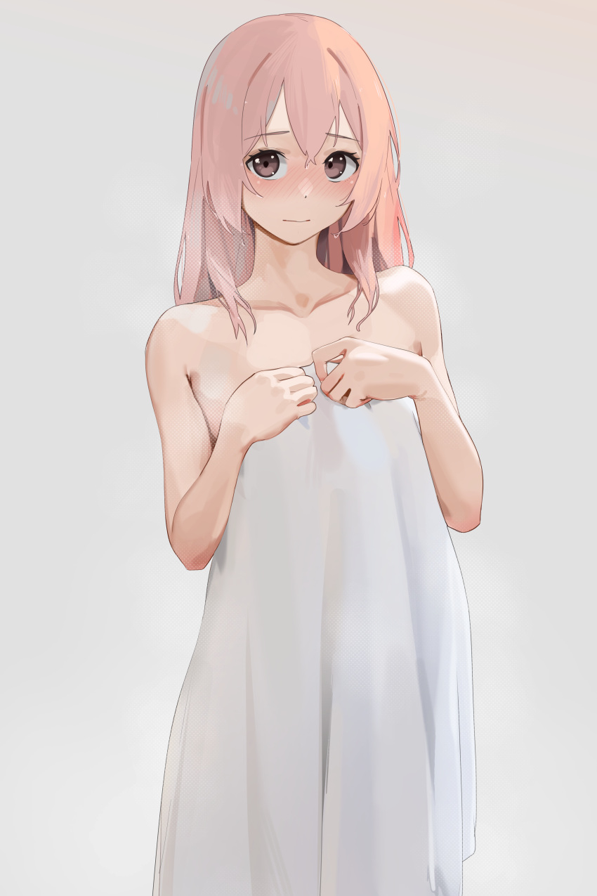 1girl absurdres bangs blush borrowed_garments crossed_bangs eyebrows_visible_through_hair hair_between_eyes highres inui_sajuna long_hair looking_at_viewer nude pink_eyes pink_hair simple_background solo sono_bisque_doll_wa_koi_wo_suru white_background wusie2