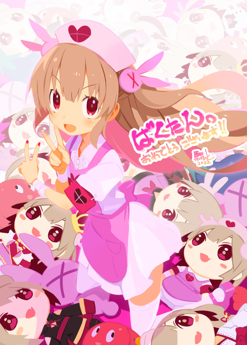 1girl 2022 apron bangs bunny_hair_ornament character_doll commentary_request double_v dress fang hair_ornament harada_takehito hat heart highres kneeling light_brown_hair long_hair looking_at_viewer natori_sana nurse_cap open_mouth pink_apron pink_headwear red_eyes red_nails safety_pin sana_channel short_sleeves shrimp signature skin_fang stuffed_toy thighhighs two_side_up v very_long_hair virtual_youtuber white_dress white_legwear