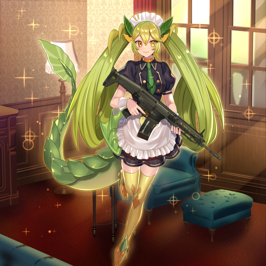 1girl apron black_dress breasts closed_mouth dragon_girl dragon_tail dress duel_monster full_body fuyuki_(neigedhiver) green_hair gun heterochromia highres holding holding_gun holding_weapon howa_type_20 indoors light_smile long_hair maid necktie orange_eyes parlor_dragonmaid short_sleeves solo tail thighhighs twintails very_long_hair weapon yellow_eyes yu-gi-oh!