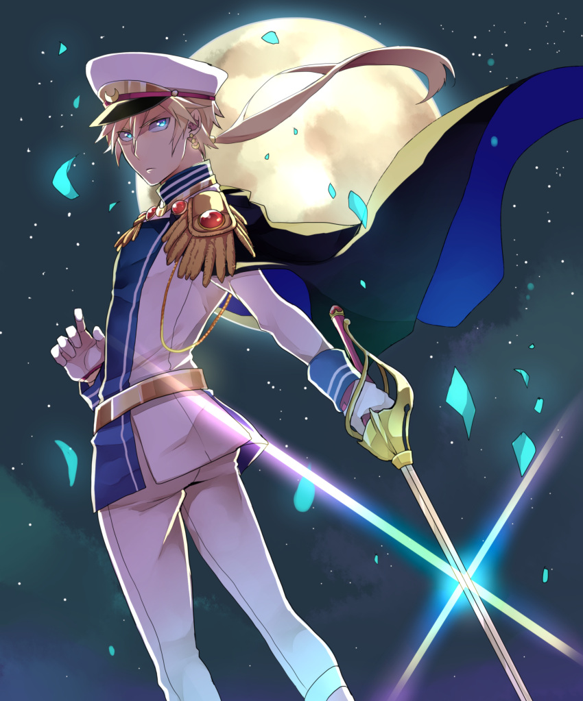 1boy absurdres belt bishoujo_senshi_sailor_moon blonde_hair cape earrings ebippoid epaulettes from_behind genderswap genderswap_(ftm) gloves highres holding holding_sword holding_weapon huge_moon jewelry looking_at_viewer magical_boy moon pants ponytail sailor_moon sky solo star_(sky) starry_sky sword uniform weapon white_gloves white_pants