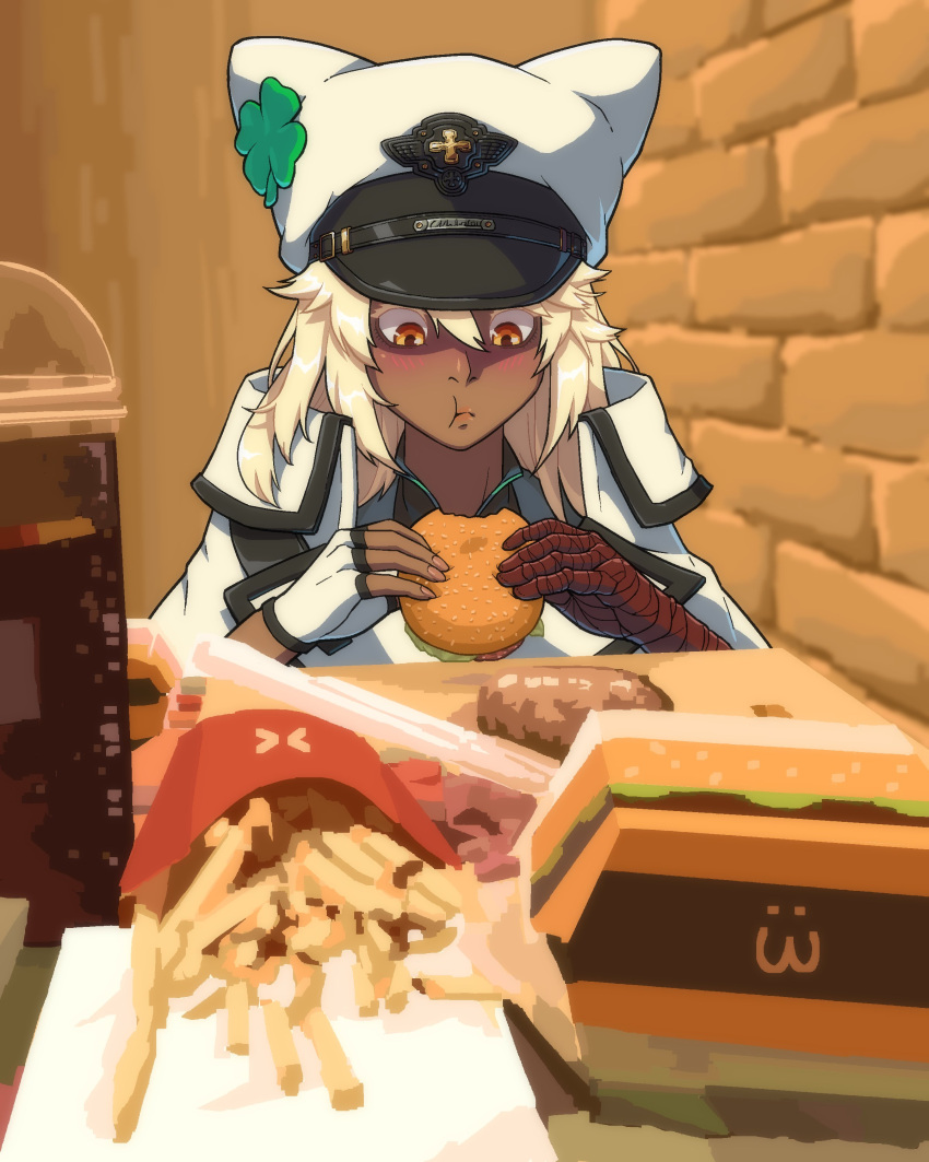 absurdres blonde_hair burger character_request chips_(food) copyright_request dark_skin eating fingerless_gloves food gloves hat highres jacket orange_eyes peaked_cap tagme turoboto white_headwear white_jacket