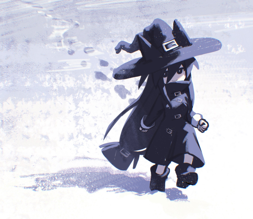 1girl animal_hat belt black_dress black_eyes black_footwear black_hair boots cat_girl cat_hat chlomaki_(wadanohara) colored_skin dress duuuust_w footprints funamusea hair_belt hat hat_belt hat_with_ears highres long_hair multiple_belts oounabara_to_wadanohara snow solo walking white_skin winter witch witch_hat