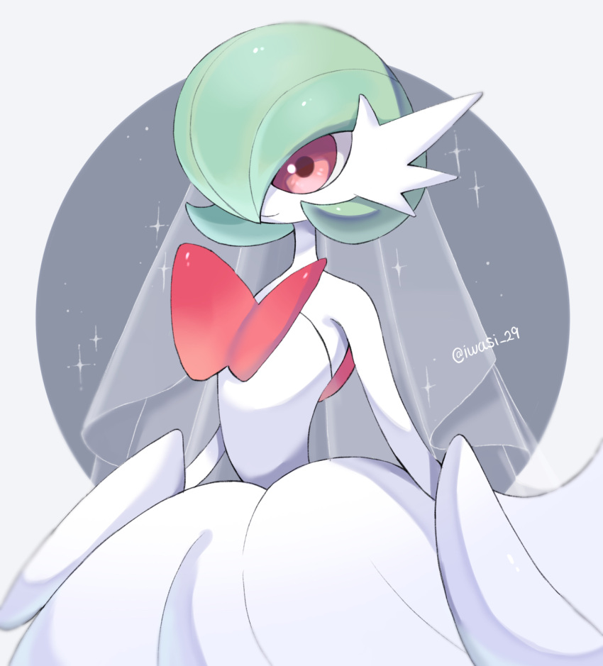 artist_name closed_mouth colored_skin commentary_request gardevoir green_hair grey_background highres iwasi_29 mega_gardevoir pokemon pokemon_(creature) red_eyes smile sparkle twitter_username two-tone_background veil white_background white_skin