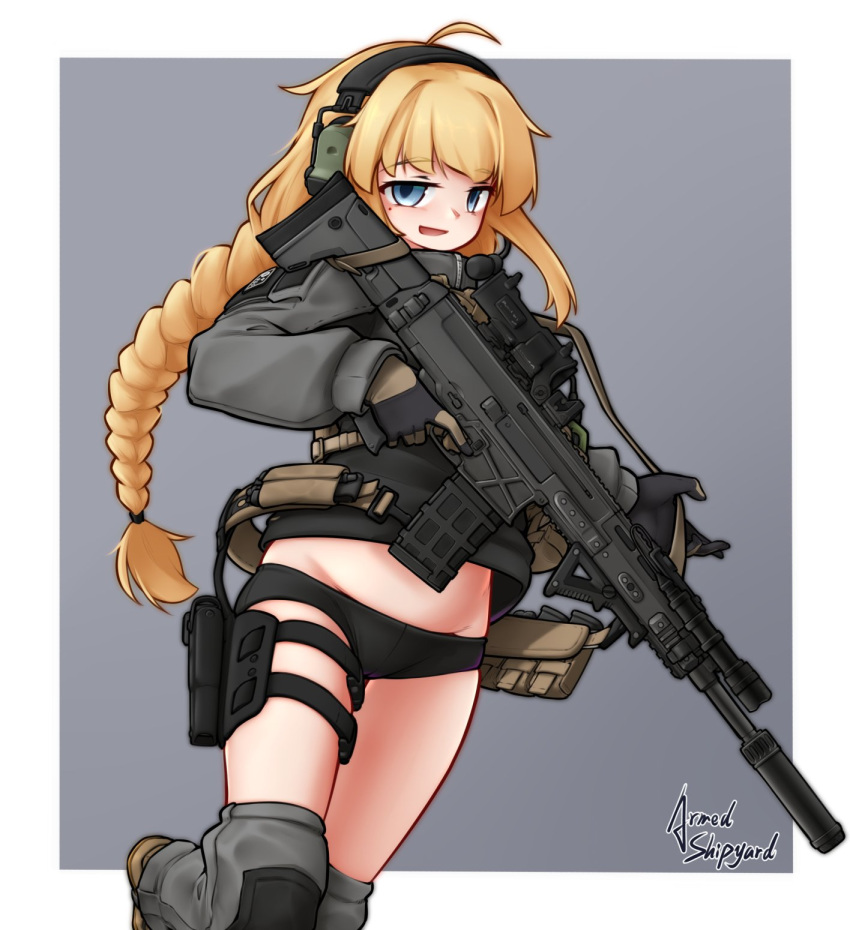 1girl ammunition_pouch armedshipyard bike_shorts blonde_hair blue_eyes braid cz_805_bren gaiters headset highres holding holding_weapon holster indie_virtual_youtuber long_braid looking_at_viewer midriff mole mole_under_eye pouch signature single_braid smile solo tactical_clothes thigh_holster thighhigh_gaiters thighhighs thighs trigger_discipline weapon whiskey_project