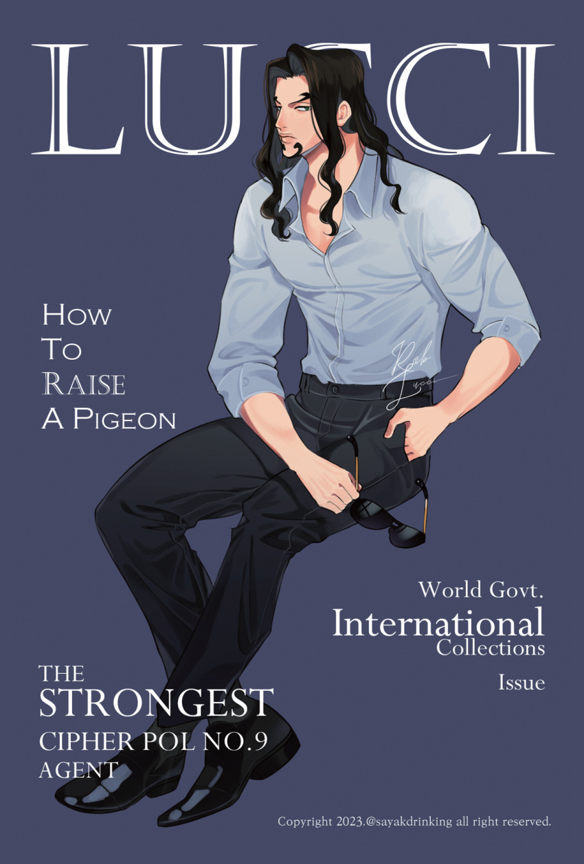 1boy black_hair collared_shirt cover english_text facial_hair full_body goatee highres invisible_chair long_hair looking_at_viewer magazine_cover male_focus one_piece pectoral_cleavage pectorals redrawn rob_lucci sayakdrinking shirt sideways_glance sitting solo sunglasses thick_eyebrows toned toned_male