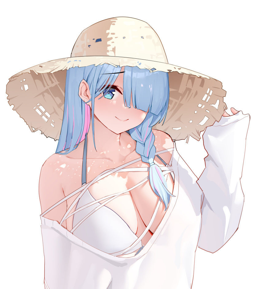 1girl absurdres alternate_breast_size alternate_costume arona_(blue_archive) bikini blue_archive blue_eyes blue_hair blunt_bangs blush braid breasts chinese_commentary closed_mouth commentary_request hair_over_one_eye hand_up hat highres large_breasts liwen520 long_hair looking_at_viewer multicolored_hair one_eye_covered pink_hair simple_background single_braid sleeves_past_wrists smile solo straw_hat streaked_hair swimsuit upper_body white_background white_bikini