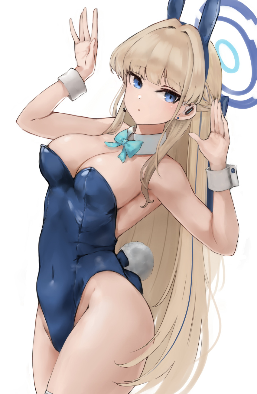 1girl absurdres animal_ears aqua_bow aqua_bowtie blonde_hair blue_archive blue_hairband blue_leotard bow bowtie breasts cleavage detached_collar earpiece fake_animal_ears groin hairband halo highleg highleg_leotard highres lamp_p9 leotard long_hair looking_at_viewer official_alternate_costume playboy_bunny rabbit_ears solo strapless strapless_leotard thighs toki_(blue_archive) toki_(bunny)_(blue_archive) wrist_cuffs