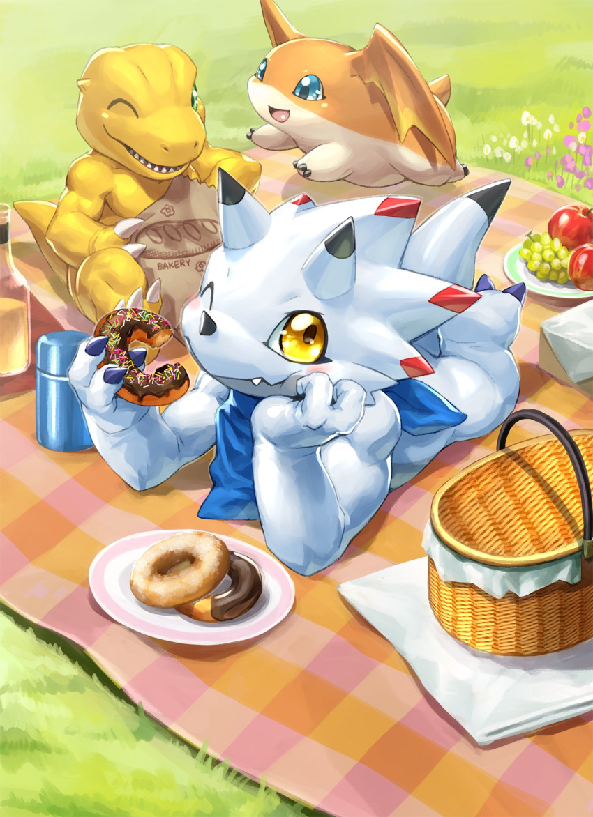 agumon anthro bandai_namco bandanna basket black_claws blue_eyes blush candy chocolate claws container dessert digimon digimon_(species) doughnut eating feral food gammamon group hi_res kerchief kurogon0227 one_eye_closed patamon picnic picnic_basket picnic_blanket sprinkles white_claws wink yellow_eyes