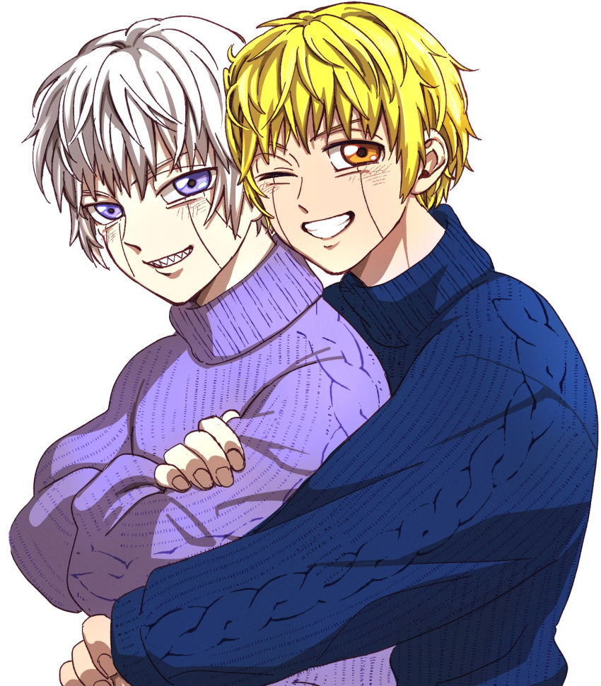 2boys aged_up blonde_hair brothers casual commentary_request gash_bell grin hakubi_roka01 highres hug hug_from_behind konjiki_no_gash!! konjiki_no_gash!!_2 male_focus multiple_boys orange_eyes purple_eyes purple_sweater sharp_teeth siblings smile sweater teeth turtleneck turtleneck_sweater white_hair zeno_bell