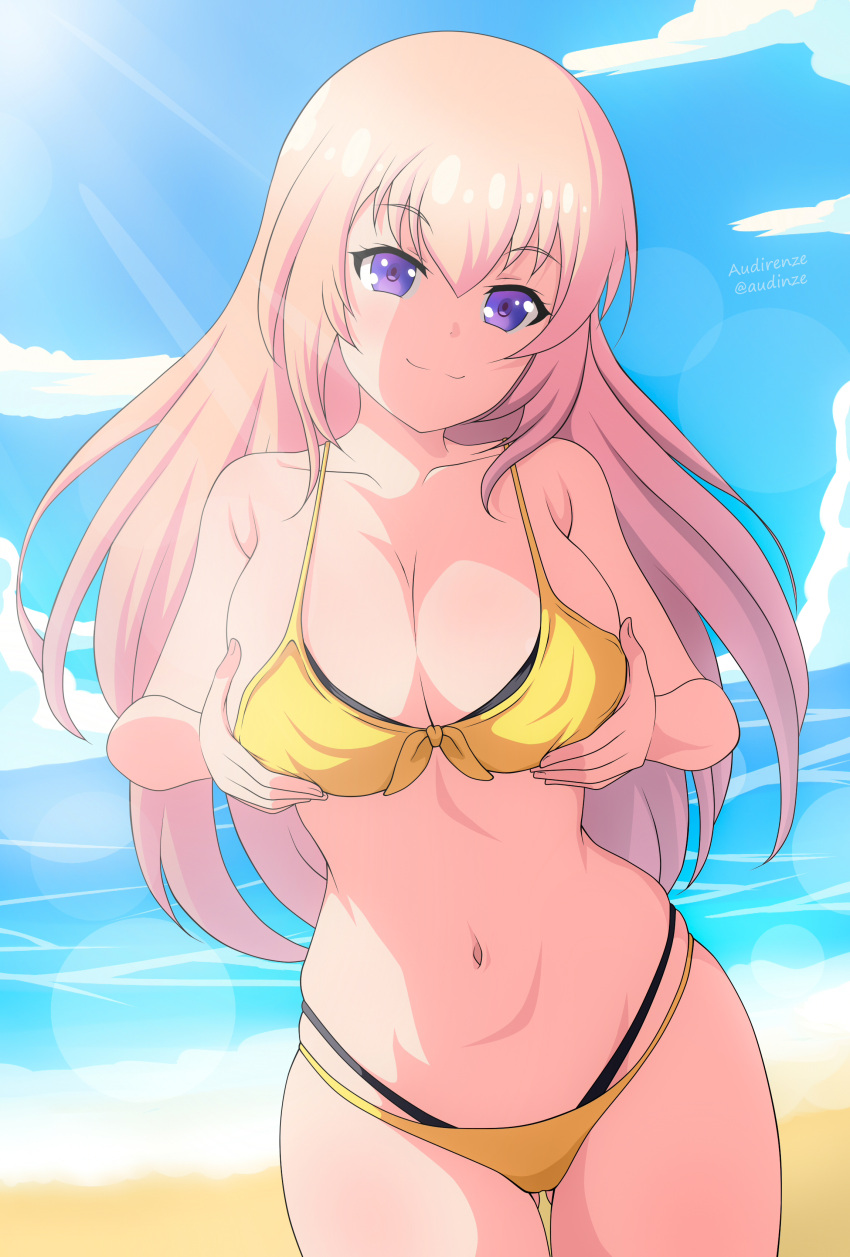 1girl absurdres ass_visible_through_thighs audirenze beach bikini blonde_hair breast_hold breasts cleavage facing_viewer highleg highleg_bikini highres ichinose_honami_(youjitsu) large_breasts layered_bikini long_hair navel ocean purple_eyes signature skindentation smug swimsuit wide_hips yellow_bikini youkoso_jitsuryoku_shijou_shugi_no_kyoushitsu_e