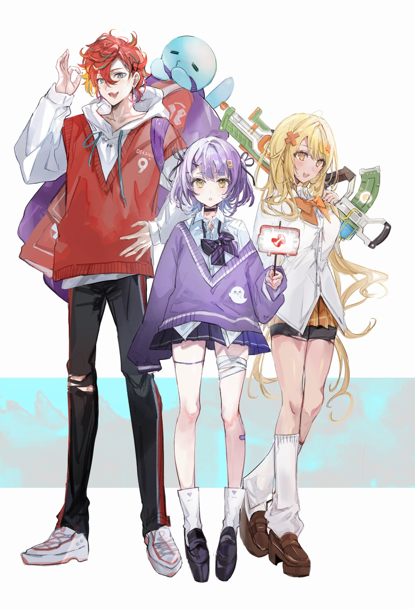 1boy 2girls :o absurdres backpack bag bandaged_leg bandages bandaid bandaid_on_leg black_footwear black_pants black_ribbon black_shorts blonde_hair blue_eyes blush bow bowtie brown_footwear commentary flipped_hair full_body hair_ornament hair_ribbon hand_up highres hizaki_gamma holding holding_sign holding_water_gun holostars hood hoodie kaminari_qpi leg_warmers long_hair long_sleeves looking_at_viewer multiple_girls ok_sign open_mouth orange_bow orange_bowtie orange_skirt pants plaid plaid_skirt platform_footwear pleated_skirt purple_bow purple_bowtie purple_hair purple_skirt purple_vest red_hair red_vest ribbon shia_job shinomiya_runa shoes short_hair shorts shorts_under_skirt sign simple_background skirt sleeves_past_fingers sleeves_past_wrists smile sneakers socks symbol-only_commentary torn_clothes torn_pants undone_bowtie vest virtual_youtuber vspo! water_gun white_background white_footwear white_hoodie white_leg_warmers white_socks x_hair_ornament yellow_eyes