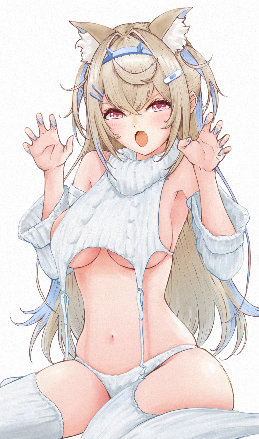 1girl animal_ear_fluff bandaid bandaid_hair_ornament blonde_hair blue_hair blue_nails blush breasts detached_sleeves fang fuwawa_abyssgard garter_straps hair_ornament hairpin highres hololive hololive_english large_breasts looking_at_viewer meme_attire multicolored_hair nail_polish open_mouth panties pink_eyes side-tie_panties skin_fang solo streaked_hair sweater thighhighs tomozoo83 two_side_up underwear virgin_destroyer_sweater virtual_youtuber white_garter_straps white_panties white_sleeves white_sweater white_thighhighs