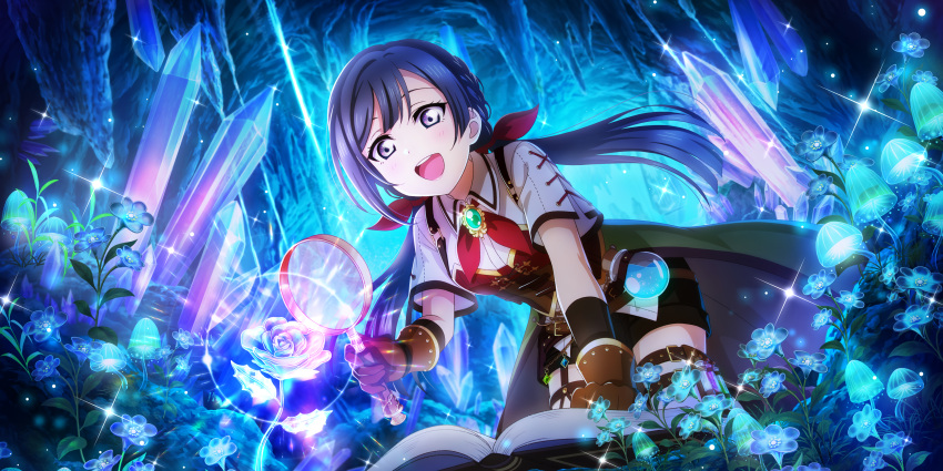 1girl absurdres all_fours beaker belt black_hair book braid brooch cave collared_shirt crystal flower glowing glowing_mushroom grey_eyes highres holding holding_magnifying_glass holster jewelry kneeling long_hair looking_down love_live! love_live!_school_idol_festival_all_stars low_twintails magnifying_glass mushroom neckerchief official_art open_mouth rose shirt short_sleeves shorts smile solo sparkle stalactite suspenders thigh_holster twintails very_long_hair vial waist_cape yuuki_setsuna_(love_live!)
