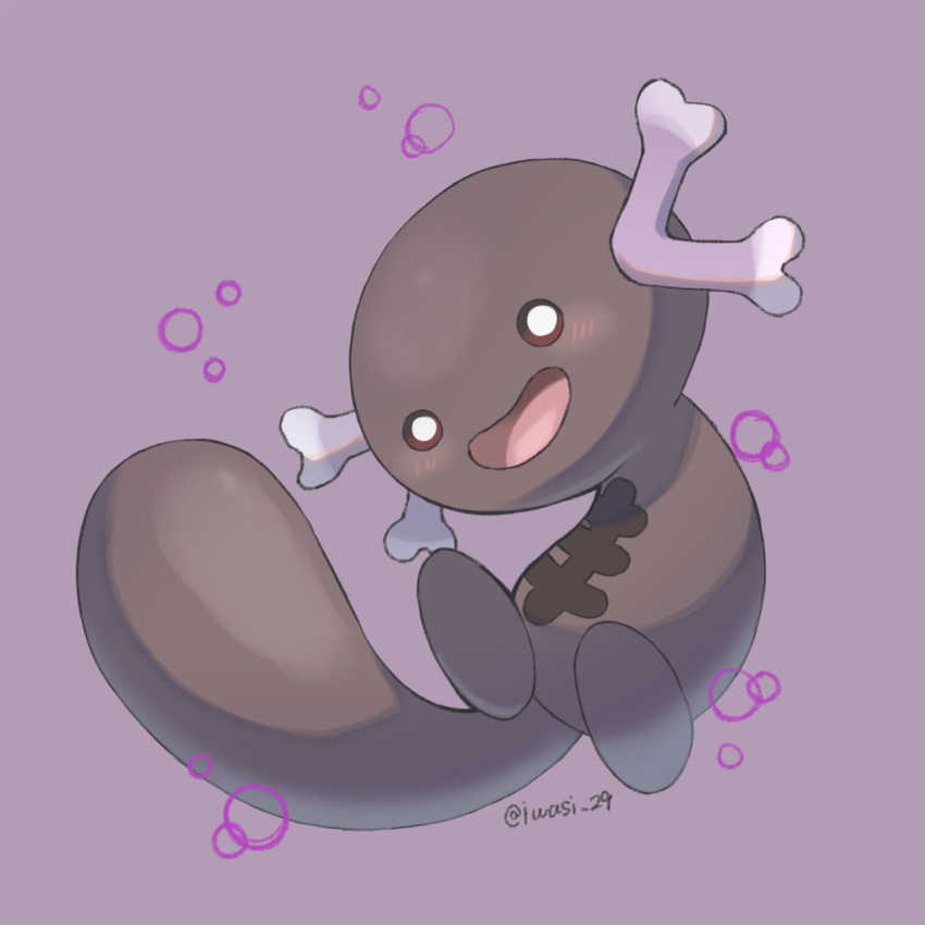 animal_focus artist_name black_eyes blush bubble commentary_request dark_skin highres iwasi_29 no_humans open_mouth paldean_wooper poison pokemon pokemon_(creature) purple_background simple_background smile tail twitter_username