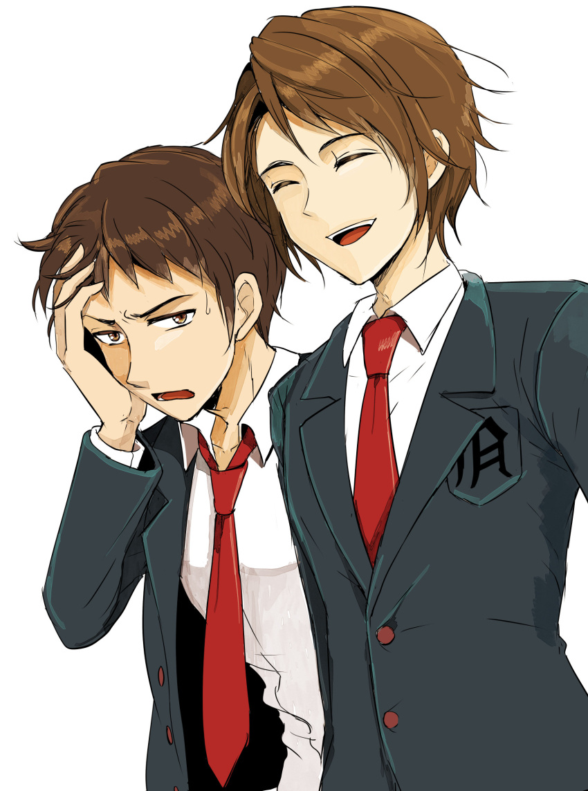 2boys annoyed blazer brown_eyes brown_hair closed_eyes commentary_request facepalm green_jacket halha1024 highres jacket kita_high_school_uniform koizumi_itsuki kyon long_sleeves looking_at_viewer male_focus multiple_boys necktie open_clothes open_jacket open_mouth red_necktie school_uniform shiny shiny_hair shirt short_hair simple_background smile suzumiya_haruhi_no_yuuutsu teeth upper_teeth white_background white_shirt