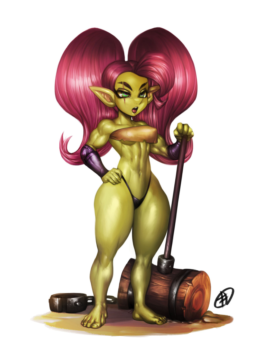 absurd_res big_butt breasts butt clothing female filemonte goblin green_body hair hammer hand_on_hip hi_res humanoid humanoid_pointy_ears melee_weapon nipple_outline panties pigtails red_hair short_stack small_breasts solo thick_thighs thong tools under_boob underwear weapon wide_hips