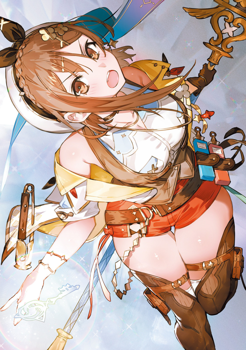 1girl atelier_(series) atelier_ryza atelier_ryza_3 bare_shoulders belt beret blush boots breasts brown_eyes brown_hair collarbone earrings flask floating floating_object gloves glowing hair_ornament hairclip hat highres holding jewelry key looking_at_viewer medium_breasts medium_hair official_art open_mouth red_shorts reisalin_stout shiny_skin short_sleeves shorts simple_background single_glove sparkle staff thigh_boots thighs toridamono x_hair_ornament
