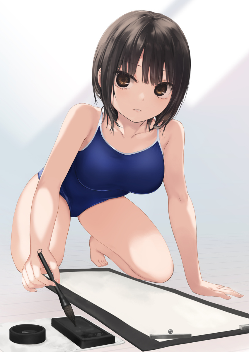 1girl all_fours aoyama_sumika barefoot black_hair blue_one-piece_swimsuit breasts brown_eyes calligraphy_brush coffee-kizoku commentary_request competition_school_swimsuit highres holding holding_brush holding_calligraphy_brush holding_paintbrush ink inkstone kakizome medium_breasts one-piece_swimsuit original paintbrush school_swimsuit short_hair solo swimsuit