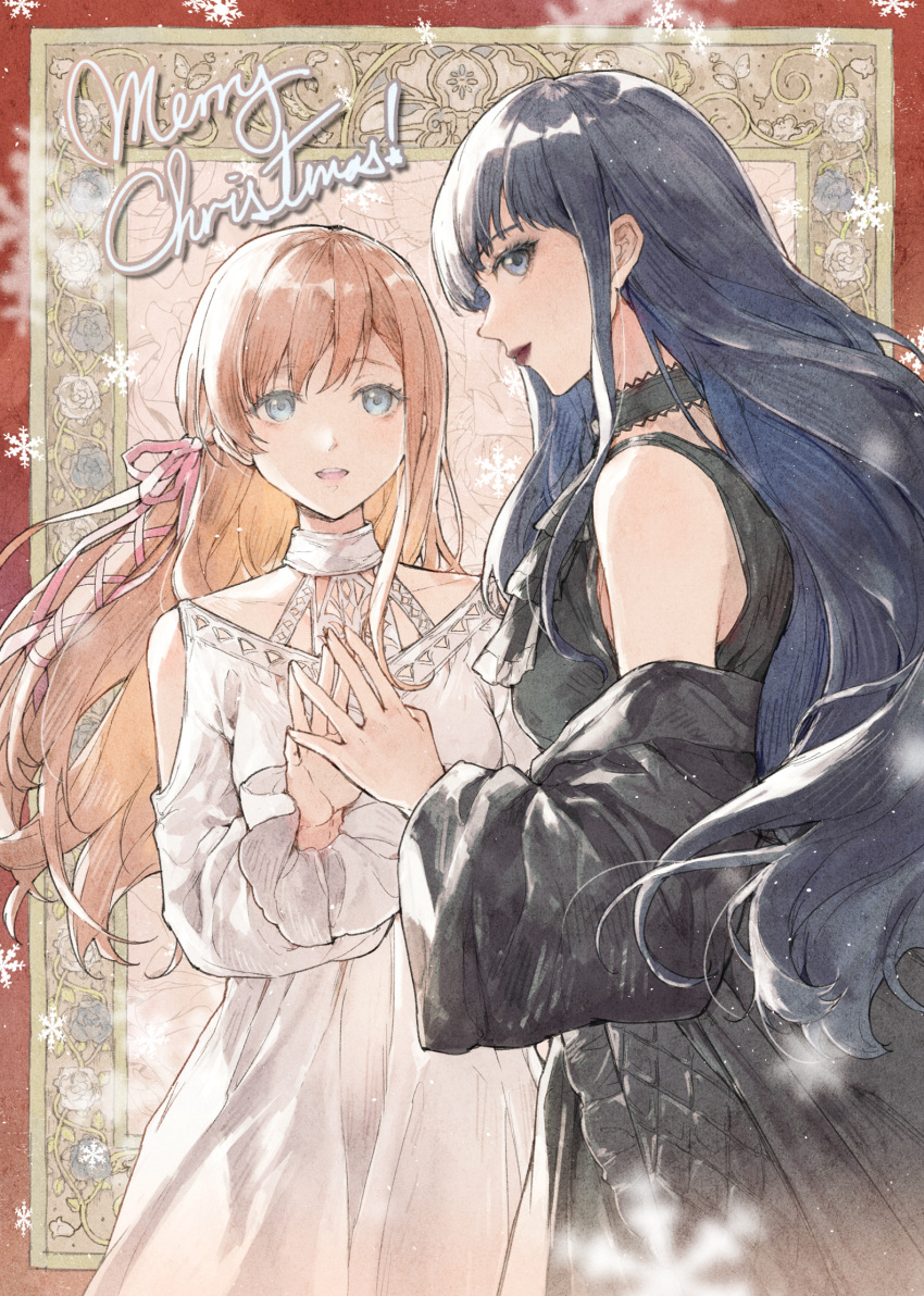 2girls black_choker black_dress black_hair black_jacket blue_eyes border choker commentary_request dress english_text final_fantasy final_fantasy_xiv gaia_(ff14) hair_ribbon highres holding_hands jacket long_hair merry_christmas multiple_girls off_shoulder orange_hair parted_lips pink_ribbon red_border red_lips ribbon rudrawong ryne_waters sleeveless sleeveless_dress smile white_dress