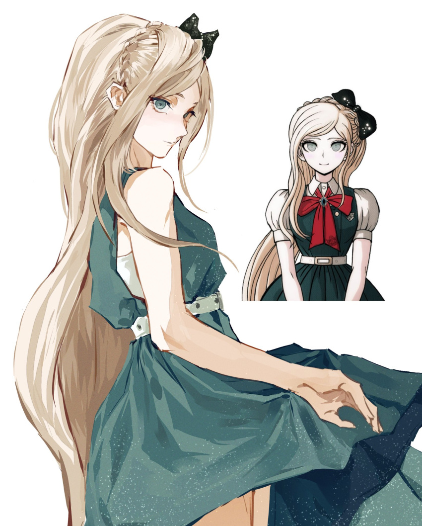 1girl bare_shoulders belt black_bow bow bowtie braid closed_mouth collared_shirt cropped_torso danganronpa_(series) danganronpa_2:_goodbye_despair dress from_side green_dress green_eyes hair_bow highres long_hair looking_at_viewer looking_to_the_side multiple_views red_bow red_bowtie shirt smile sonia_nevermind white_belt white_shirt yochilyee