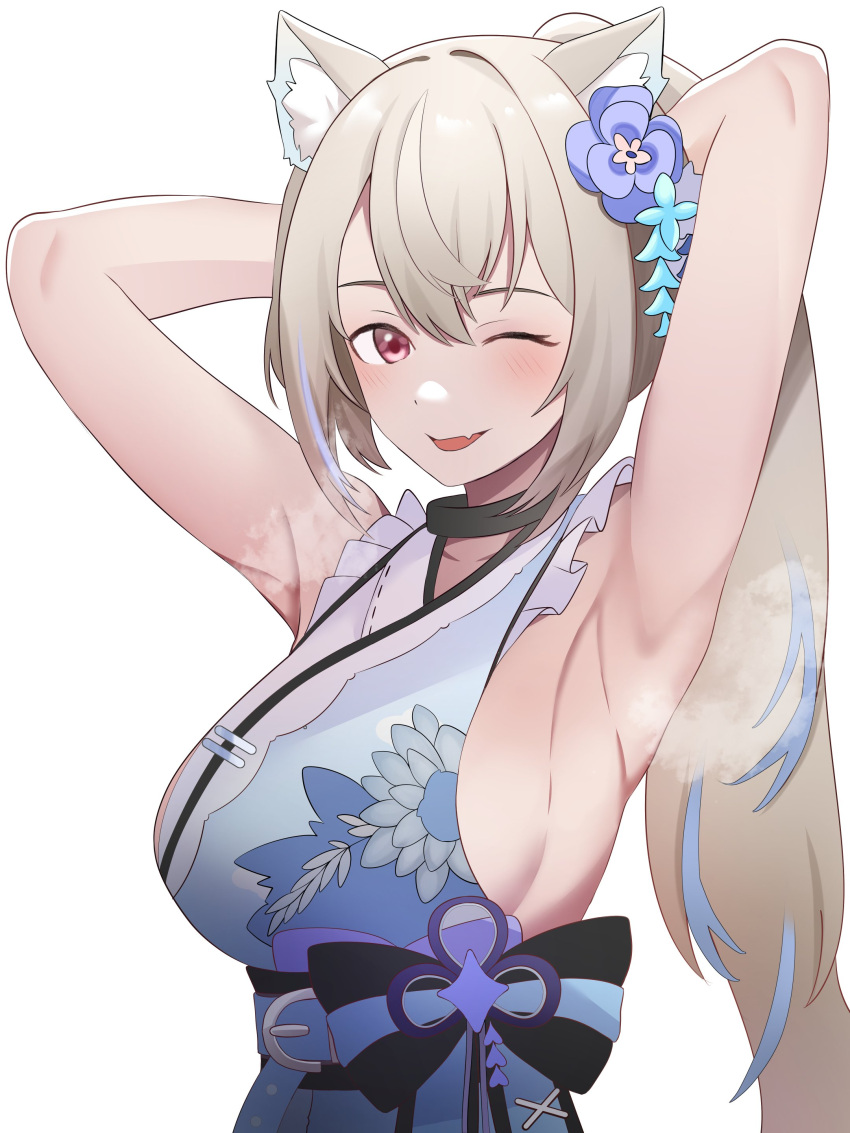 1girl absurdres animal_ear_fluff animal_ears armpits arms_behind_head arms_up blonde_hair blue_hair blue_kimono breasts dog_ears dog_girl fang floral_print_kimono flower fuwawa_abyssgard fuwawa_abyssgard_(new_year) hair_flower hair_ornament highres hololive hololive_english japanese_clothes kimono large_breasts multicolored_hair one_eye_closed pink_eyes ponytail sideboob skin_fang sleeveless sleeveless_kimono snackbar_(rimartwork) streaked_hair virtual_youtuber