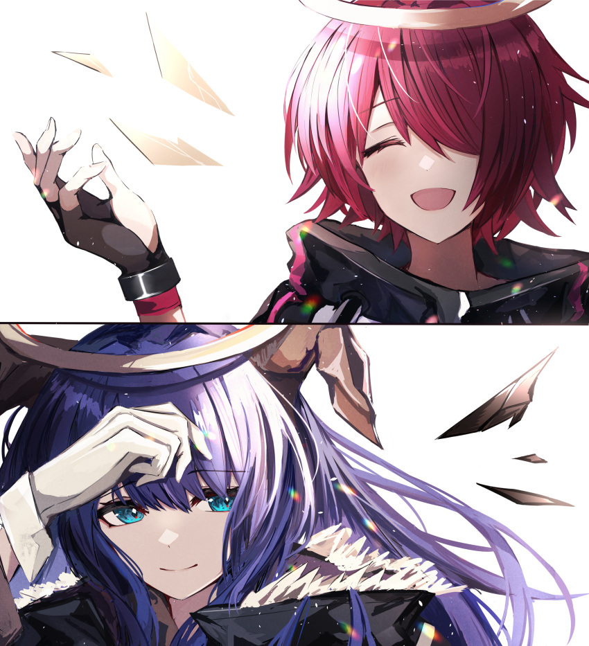 2girls :d absurdres arknights bangs black_gloves blue_eyes blush closed_eyes closed_mouth detached_wings energy_wings exusiai_(arknights) eyebrows_visible_through_hair facing_viewer fingerless_gloves fur-trimmed_hood fur_trim gloves hair_over_one_eye halo hand_on_forehead hand_up highres hood hood_down horns light_particles long_hair looking_at_viewer mostima_(arknights) multiple_girls open_mouth purple_hair sikinose_val simple_background smile white_background white_gloves wings