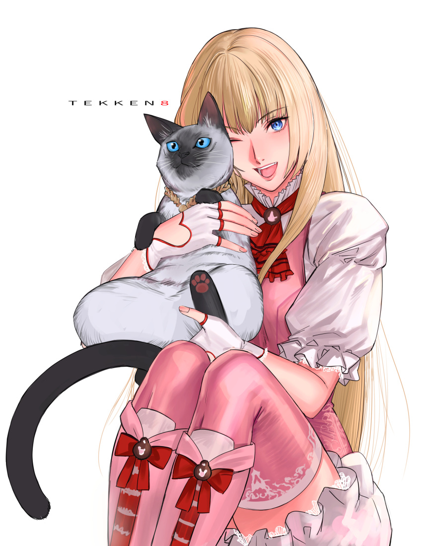 1girl absurdres animal ascot blonde_hair blue_eyes cat collar commentary fingerless_gloves frilled_collar frills gloves hashtag_only_commentary highres hime_cut holding holding_animal holding_cat lili_(tekken) long_hair pink_thighhighs red_ascot salt_(tekken) siamese_cat sitting tekken tekken_8 tetsu_(kimuchi) thighhighs white_gloves