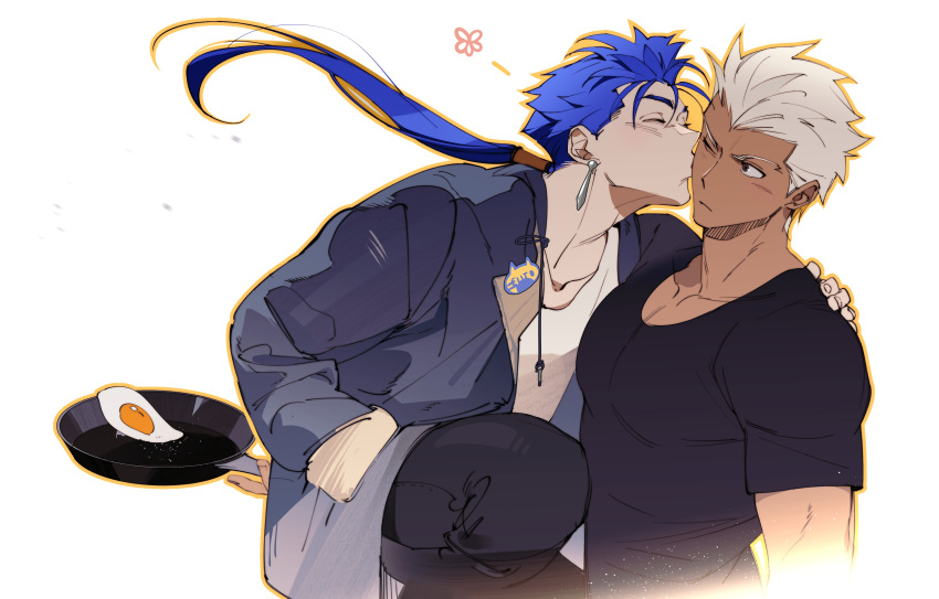 2boys absurdres archer_(fate) black_pants black_shirt blue_hair brown_eyes closed_eyes closed_mouth collarbone couple cu_chulainn_(fate) dangle_earrings dark-skinned_male dark_skin drawstring earrings egg_(food) fate/stay_night fate_(series) food frying_pan grey_jacket hand_in_pocket hand_on_another's_shoulder highres holding holding_frying_pan jacket jewelry kiss kissing_cheek long_hair male_focus multiple_boys orange_outline pants pectorals ponytail shirt short_hair t-shirt tobu_0w0 white_hair white_shirt yaoi