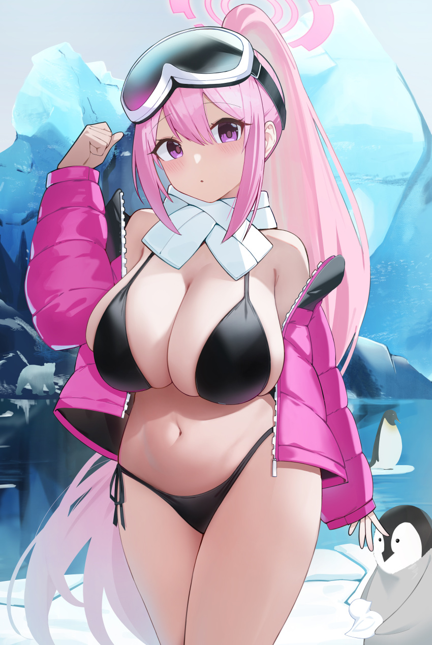 1girl :o absurdres animal bare_shoulders bexercube bikini bird black_bikini blue_archive blush breasts cowboy_shot eimi_(blue_archive) eimi_(swimsuit)_(blue_archive) eyewear_on_head goggles goggles_on_head halo highres ice jacket large_breasts long_hair long_sleeves looking_at_viewer navel official_alternate_costume open_clothes open_jacket penguin pink_hair pink_halo pink_jacket purple_eyes scarf side-tie_bikini_bottom solo standing string_bikini swimsuit white_scarf