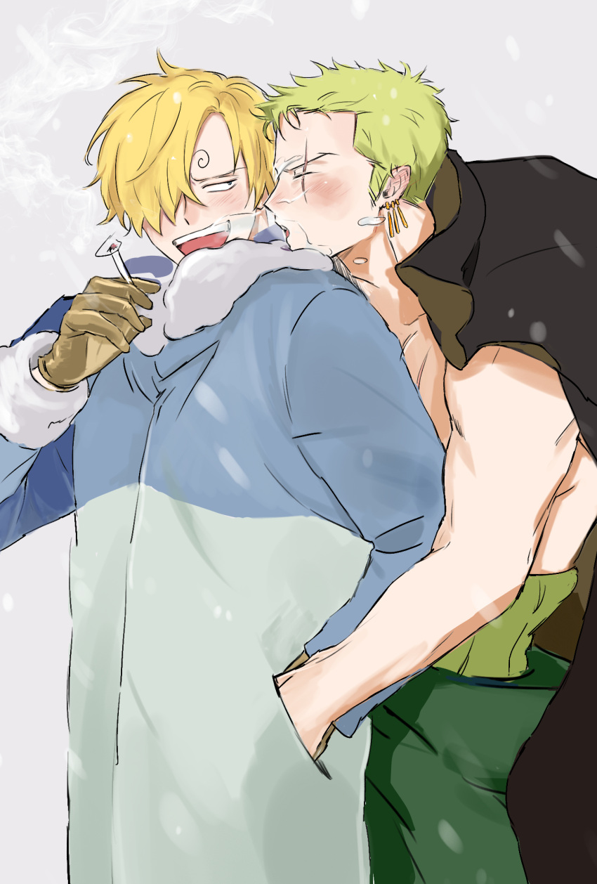 2boys blonde_hair breath cigarette cold curly_eyebrows earrings facial_hair green_hair hair_over_one_eye highres holding holding_cigarette jewelry male_focus multiple_boys nine_hundred one_piece open_mouth pants roronoa_zoro sanji_(one_piece) scar short_hair smile smoking straw_hat_pirates winter winter_clothes winter_uniform