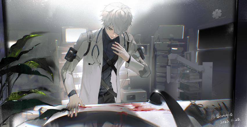 1boy alternate_costume black_pants blood blood_from_mouth blood_on_face blood_on_hands blue_shirt cable chinese_commentary coat commentary cowlick dated doctor faucet grey_hair hair_over_one_eye hand_up highres indoors lab_coat leaf light_particles long_sleeves looking_down male_focus medicine_bottle mirror monitor one_eye_covered oscilloscope pants plant punishing:_gray_raven sanqie shirt short_hair signature sink solo star_of_life stethoscope striped striped_shirt syringe unkempt upper_body vertical-striped_shirt vertical_stripes wanshi_(punishing:_gray_raven) white_coat yellow_eyes
