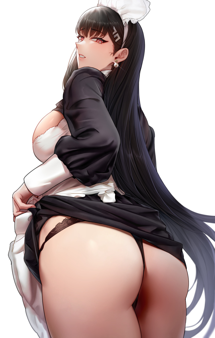 1girl absurdres apron ass black_hair black_panties black_shirt black_skirt blue_archive blush breasts earrings hair_ornament hairclip highres hua-j jewelry large_breasts long_hair long_sleeves looking_at_viewer looking_back panties red_eyes rio_(blue_archive) shirt skirt solo underwear white_apron