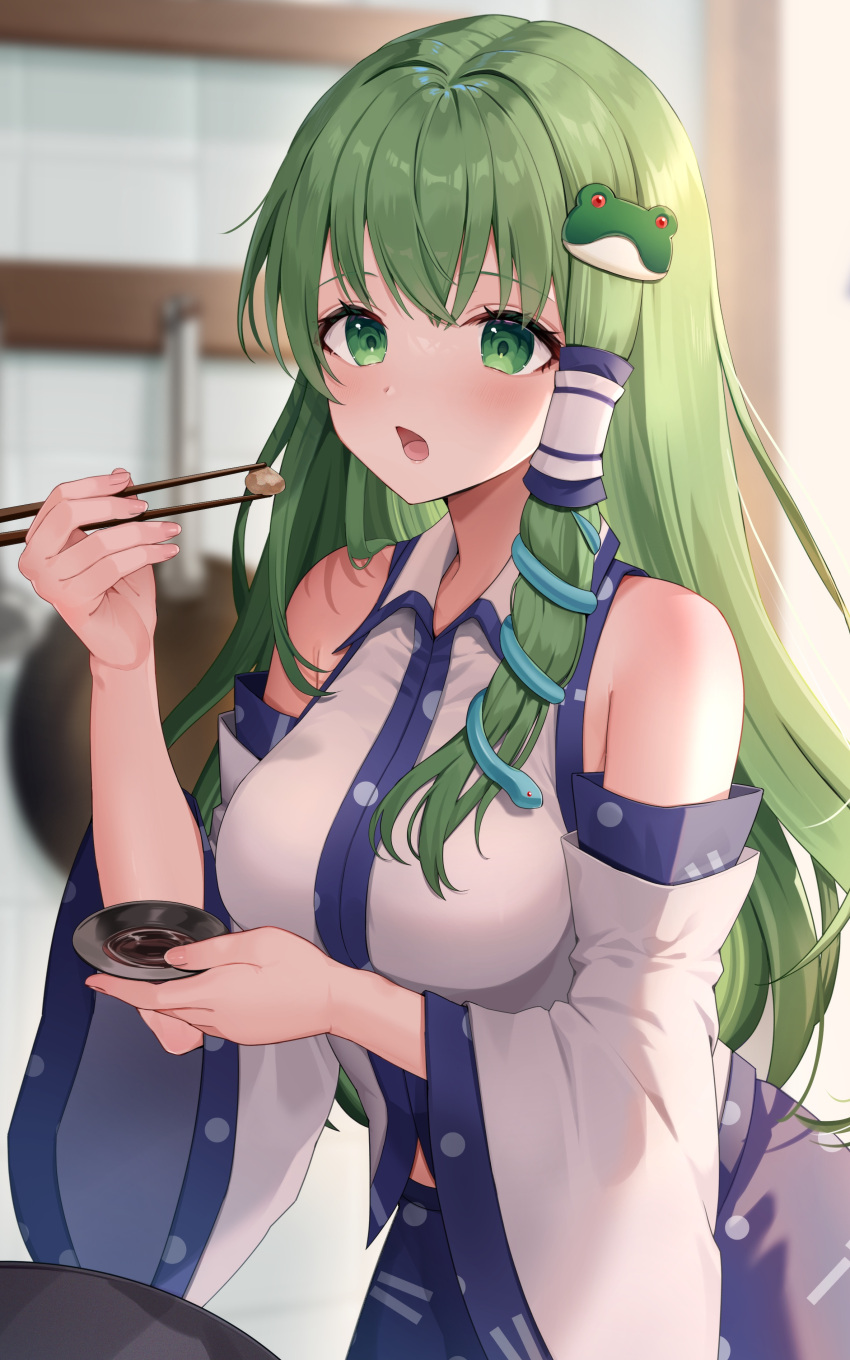1girl absurdres bare_shoulders blue_skirt chopsticks collared_shirt commentary_request cowboy_shot detached_sleeves food frog_hair_ornament frying_pan green_eyes green_hair hair_ornament highres holding holding_chopsticks indoors kitchen kochiya_sanae long_hair looking_at_viewer open_mouth shirt single_hair_tube skirt sleeveless sleeveless_shirt snake solo touhou usushio very_long_hair white_shirt white_sleeves wide_sleeves