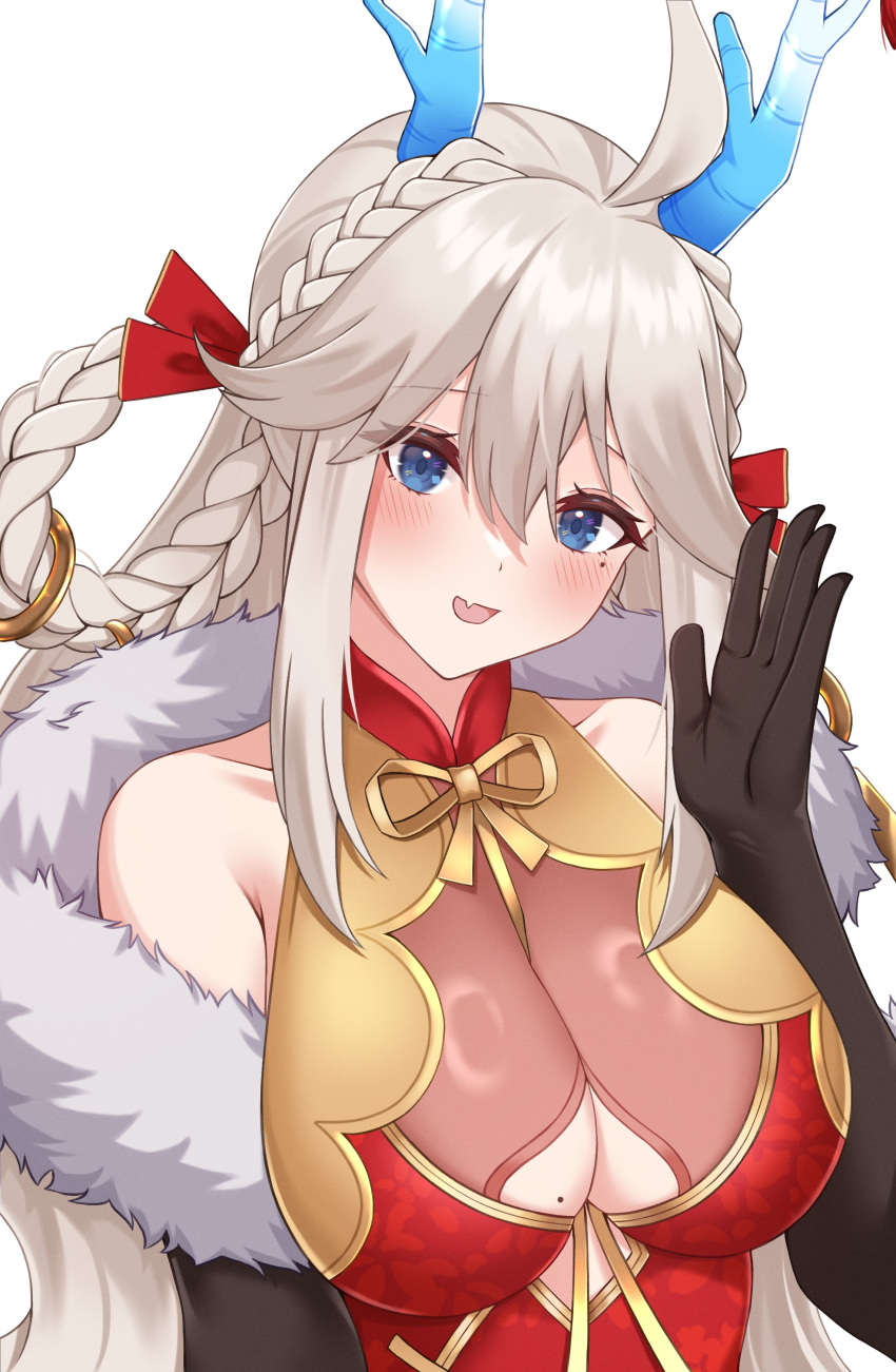 1girl :d absurdres ahoge bare_shoulders between_breasts black_gloves blue_eyes blush braid braided_hair_rings breasts china_dress chinese_clothes clothing_cutout dragon_girl dragon_horns dress elbow_gloves eversoul fang feather_boa gloves highres honglan_(eversoul) horns jewelry korean_commentary large_breasts long_hair looking_at_viewer mole mole_on_breast mole_under_eye sakae_(sakae5185) skin_fang smile solo twin_braids underboob underboob_cutout upper_body very_long_hair white_background white_hair