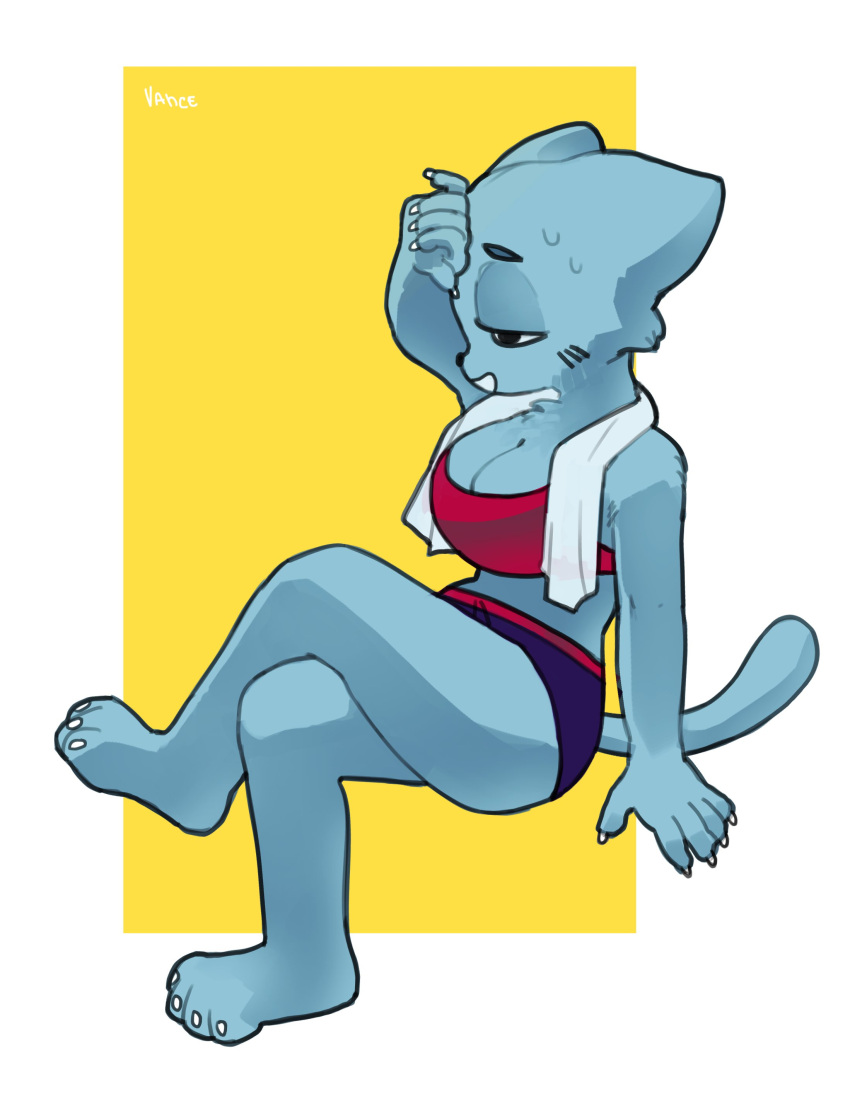 2021 absurd_res anthro blue_body blue_fur bodily_fluids bottomwear cartoon_network clothed clothing crop_top digital_media_(artwork) domestic_cat feet felid feline felis female fur hi_res mammal nicole_watterson shirt shorts sitting solo sweat the_amazing_world_of_gumball topwear towel vance25574631