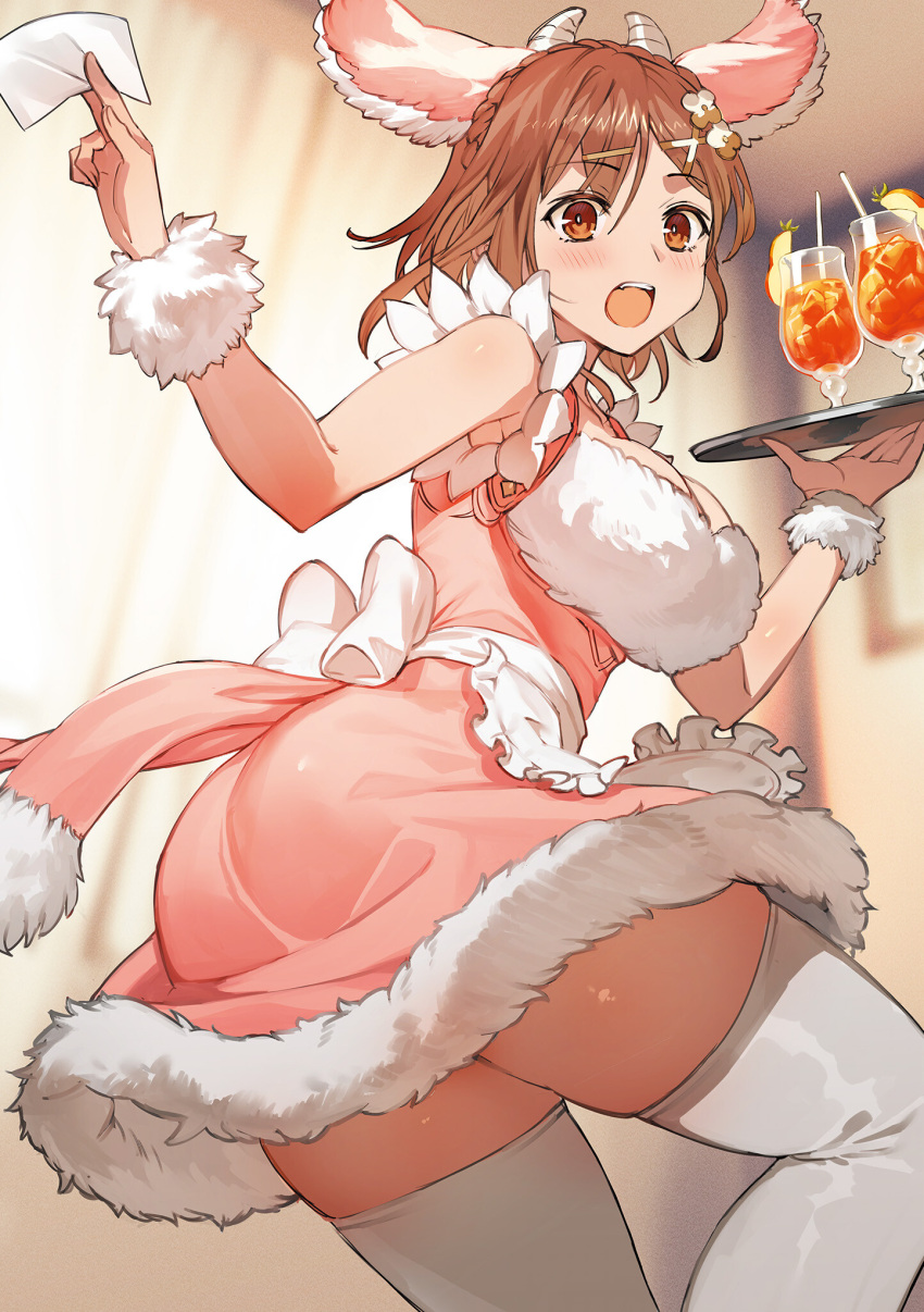 1girl animal_ears apron atelier_(series) atelier_ryza atelier_ryza_3 blurry blurry_background breasts brown_eyes brown_hair cowboy_shot cup dress drinking_straw fake_animal_ears fake_horns fur_trim hair_ornament hairclip highres holding holding_tray horns indoors looking_at_viewer medium_breasts medium_hair official_art open_mouth pink_dress reisalin_stout simple_background sleeveless sleeveless_dress solo thighhighs thighs toridamono tray tropical_drink waist_apron waitress white_thighhighs x_hair_ornament