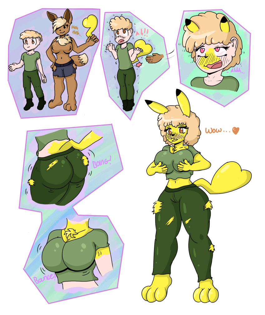 &lt;3 &lt;3_eyes anthro big_breasts blonde_hair blush breast_growth breasts brown_hair butt butt_expansion butt_slap clothed clothing colored duo eevee expansion female fur gender_transformation generation_1_pokemon growth hair hair_growth hand_on_breast hi_res human looking_pleasured male mammal mtf_transformation nintendo partially_clothed pikachu pokemon pokemon_(species) quickcast sequence slap species_transformation tail tail_growth taller_female thick_thighs torn_clothing transformation yellow_body yellow_fur