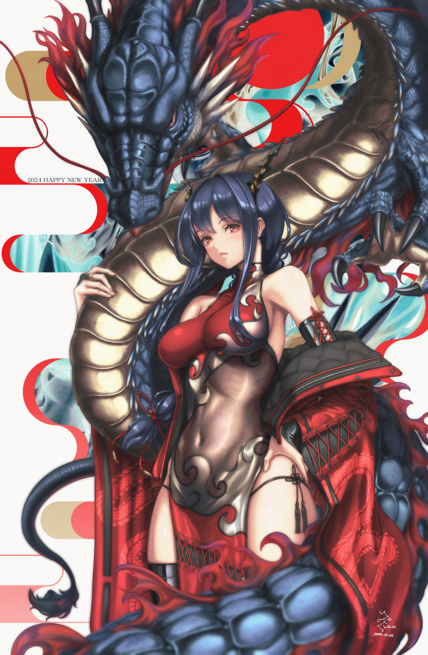 1girl 2024 absurdres arknights bare_shoulders blue_hair ch'en_(arknights) china_dress chinese_clothes covered_navel dragon dragon_girl dragon_horns dragon_print dragon_tail dress eastern_dragon elbow_gloves fur-tipped_tail gloves hand_on_own_hip happy_new_year highres horns long_hair massabou2 pelvic_curtain red_dress side_slit sleeveless sleeveless_dress tail