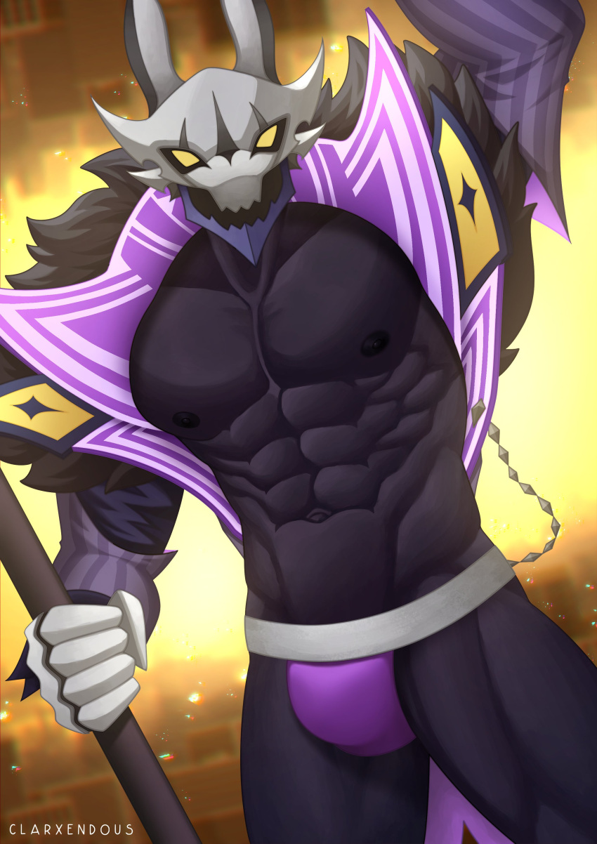 2023 5_fingers abs absurd_res anthro armor ascended black_body black_nipples black_skin bottomwear bulge canid canine canis clarxender claw_fingers clothing detailed_background digital_drawing_(artwork) digital_media_(artwork) dream_raider_nasus empty_eyes fingers fur_collar headgear helmet hi_res holding_object jackal jacket jockstrap league_of_legends looking_at_viewer male male/male mammal multicolored_clothing multicolored_helmet multicolored_jacket multicolored_jockstrap multicolored_topwear muscular muscular_anthro muscular_male muscular_thighs nasus_(lol) navel nipples open_mouth pants pecs presenting purple_clothing purple_jockstrap purple_underwear raised_arm riot_games signature solo staff topwear underwear white_clothing white_fingers white_jockstrap white_underwear yellow_eyes zipper