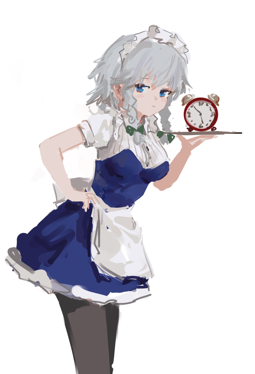 1girl :&lt; alarm_clock analog_clock apron bangs black_legwear blue_dress blue_eyes bow braid clock closed_mouth cowboy_shot dress frilled_hairband frills from_side frown furrowed_brow green_bow hair_bow hairband half-closed_eyes hand_on_hip hand_up highres holding holding_tray izayoi_sakuya leaning_forward looking_at_viewer looking_to_the_side maid maid_headdress no_lineart pantyhose petticoat puffy_short_sleeves puffy_sleeves reddizen short_dress short_hair short_sleeves side_braid sidelocks silver_hair simple_background solo standing strapless strapless_dress touhou tray twin_braids waist_apron white_apron white_background white_hairband