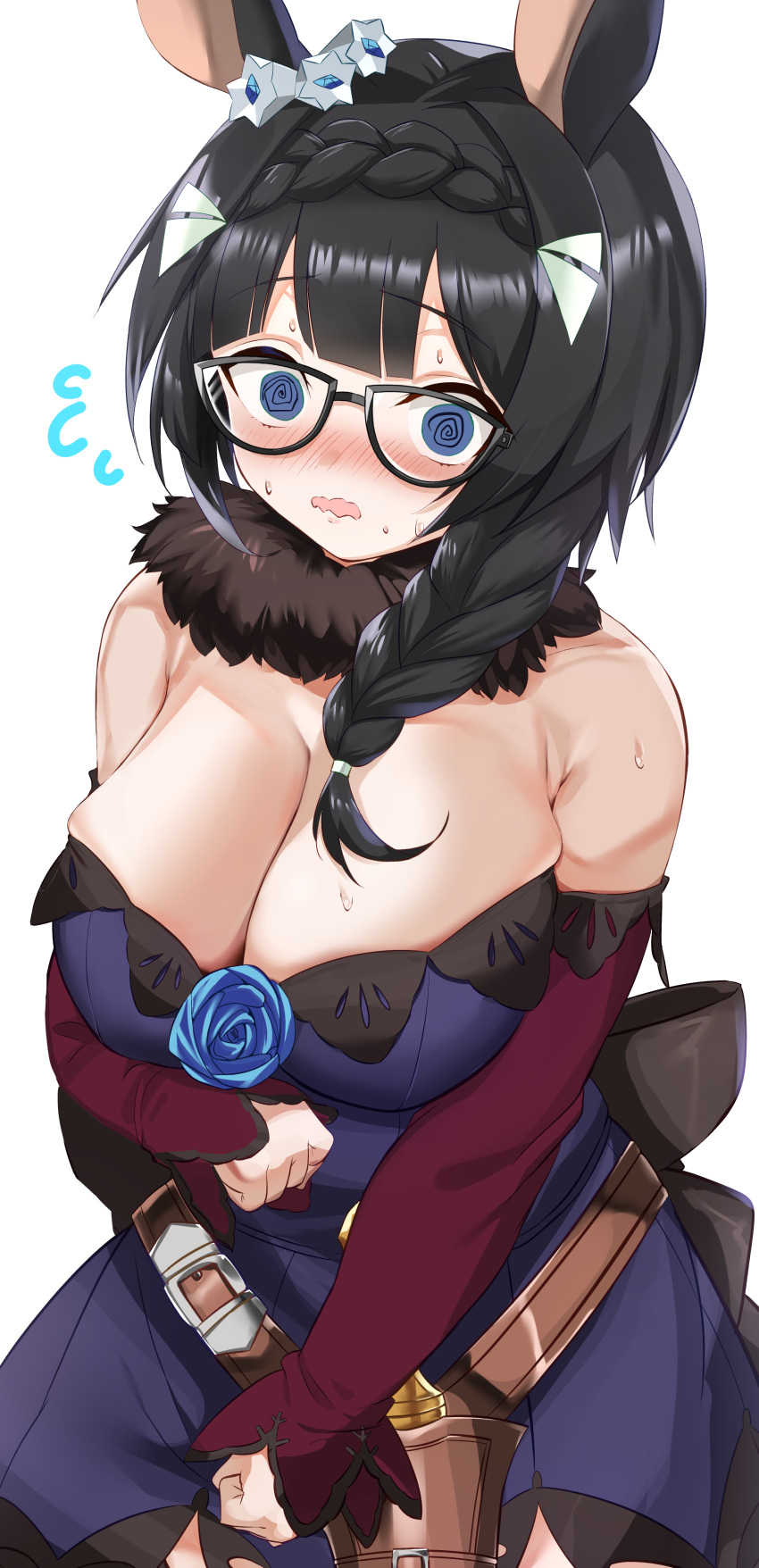 1girl @_@ absurdres alternate_costume belt blue_eyes blush braid breasts clenched_hands commission cosplay crown_braid flower hair_between_eyes hair_ornament highres large_breasts looking_at_viewer maou_(maoudaisukiya) rice_shower_(umamusume) rice_shower_(umamusume)_(cosplay) sheath sheathed skeb_commission solo sweat umamusume white_background zenno_rob_roy_(umamusume)