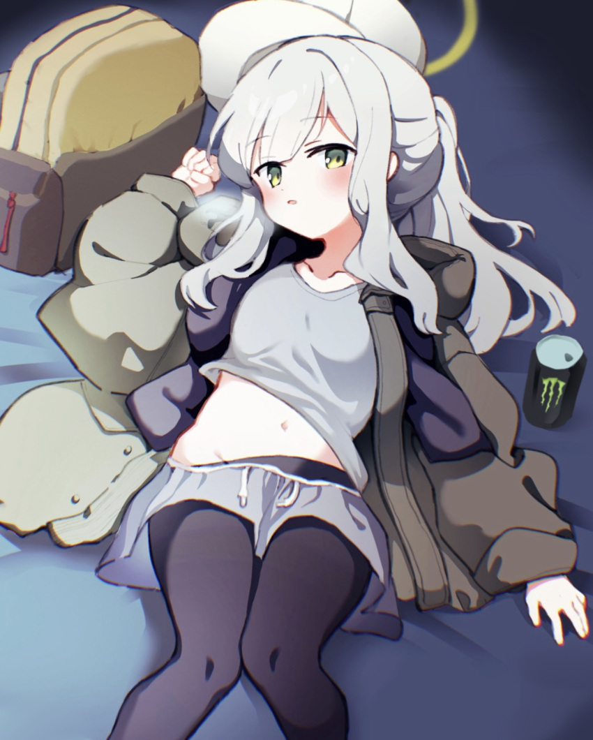 1girl black_pantyhose blue_archive blush can collarbone green_eyes green_halo green_jacket grey_hair grey_shorts groin halo hare_(blue_archive) hare_(camp)_(blue_archive) hat highres hood hood_down hooded_jacket jacket long_hair long_sleeves meng_yin monster_energy navel official_alternate_costume open_clothes open_jacket open_mouth pantyhose ponytail shorts solo white_headwear