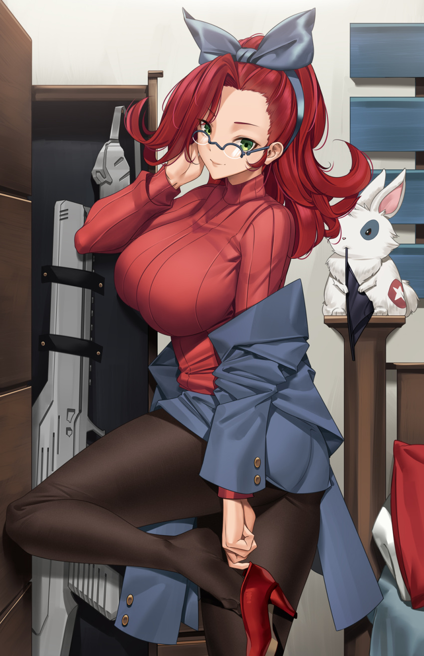 1girl bed black_hops black_panties black_pantyhose breasts glasses green_eyes grey_jacket grey_ribbon gun hair_ribbon high_heels highres jacket large_breasts long_hair panties pantyhose penelope_freling pillow rabbit red_footwear red_hair red_sweater ribbed_sweater ribbon semi-rimless_eyewear solo sweater thighs tony_guisado underwear unworn_panties weapon