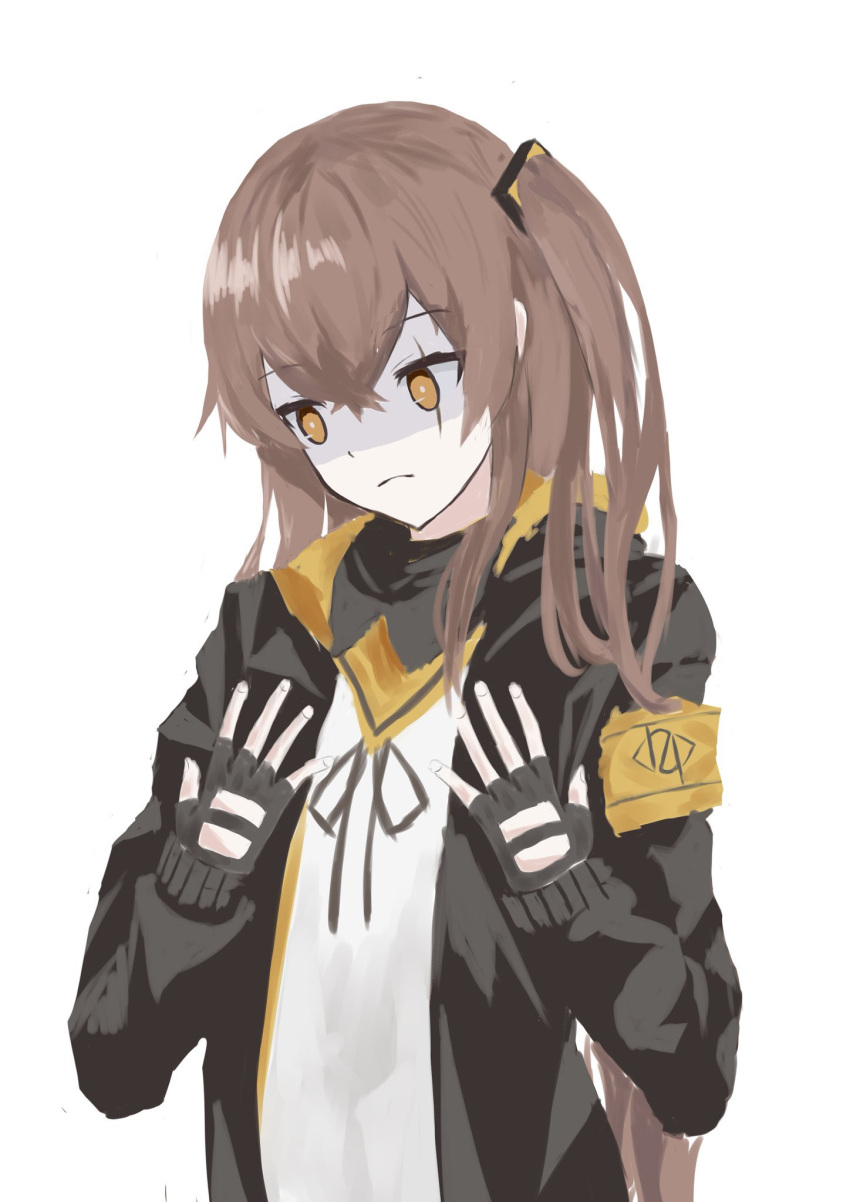 1girl bangs black_gloves black_jacket black_ribbon brown_hair closed_mouth eyebrows_visible_through_hair fingerless_gloves girls'_frontline gloves hands_on_own_chest highres jacket light_brown_eyes long_hair looking_down neck_ribbon open_clothes open_jacket ribbon scar scar_across_eye shading_eyes shirt side_ponytail simple_background solo ump45_(girls'_frontline) unhappy upper_body wh1te white_shirt