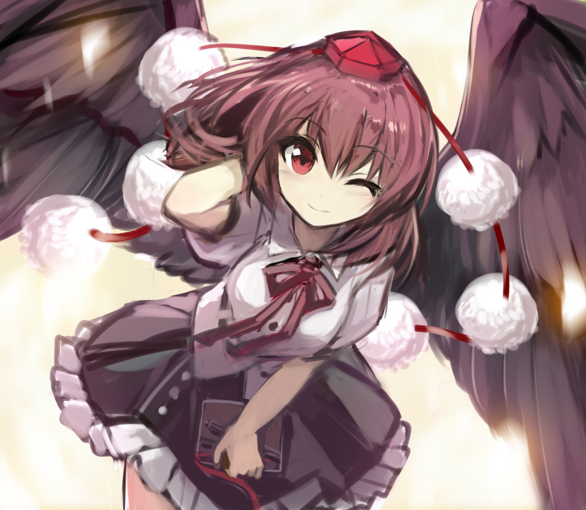 belt bird_wings black_belt black_skirt black_wings breasts brown_hair closed_mouth collared_shirt commentary_request feathered_wings frilled_skirt frills fuupu happy hat holding holding_notebook holding_pen leaning_forward medium_breasts notebook one_eye_closed pen pom_pom_(clothes) puffy_short_sleeves puffy_sleeves red_eyes red_headwear red_ribbon ribbon shameimaru_aya shirt short_hair short_sleeves simple_background skirt smile tengu tokin_hat touhou white_background white_shirt wings