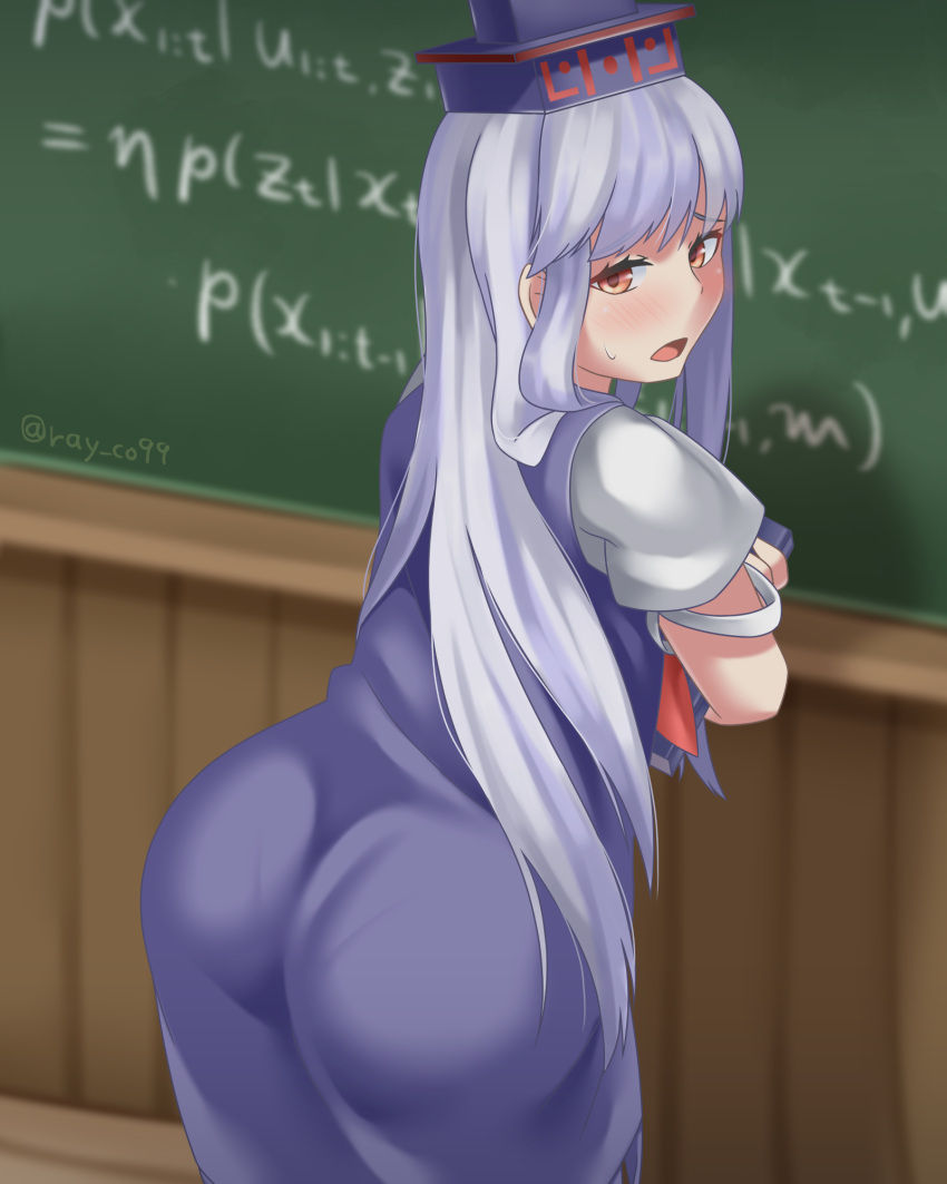 1girl against_chalkboard ass blue_dress blue_hair blush brown_eyes chalkboard commentary_request dress embarrassed equation from_behind hat highres kamishirasawa_keine leaning leaning_forward long_hair looking_back open_mouth pantylines ray_co99 solo sweatdrop touhou twitter_username very_long_hair