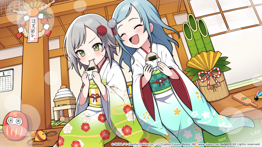 :d blue_hair blush calendar_(object) closed_eyes copyright_name daruma_doll floral_print flower food green_eyes green_kimono grey_hair hagoita hair_flower hair_ornament hane_(hanetsuki) highres hinomori_shiho hinomori_shizuku holding holding_food japanese_clothes kadomatsu kimono kine light_blue_hair long_hair mallet miz_(mizillustration) mochi mole mole_under_mouth multiple_girls new_year obi official_art on_floor paddle project_sekai sash shimekazari short_hair siblings sisters sitting smile spinning_top swept_bangs tareme tsurime veranda wooden_floor