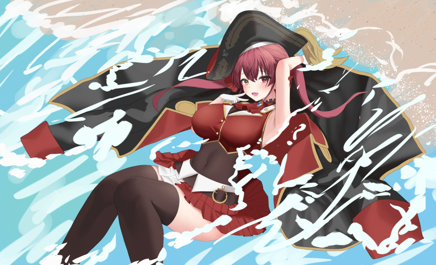 1girl absurdres arm_up armpits blush breasts coat covered_navel gloves hat heterochromia highres hololive houshou_marine large_breasts leotard long_hair looking_at_viewer ming_(user_arcn7324) pirate pirate_hat red_eyes red_hair skirt sleeveless solo thighhighs twintails virtual_youtuber yellow_eyes
